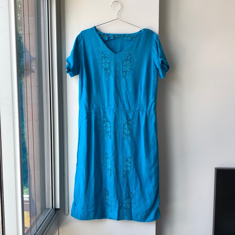 Vintage Bright Blue Embroidered Fitted Waist Dress!